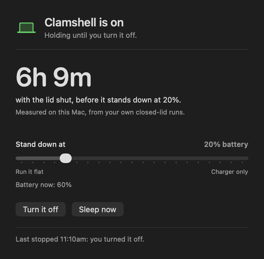 The Clamshell window in dark mode: 8h 18m with the lid shut before it stands down at 20%.
