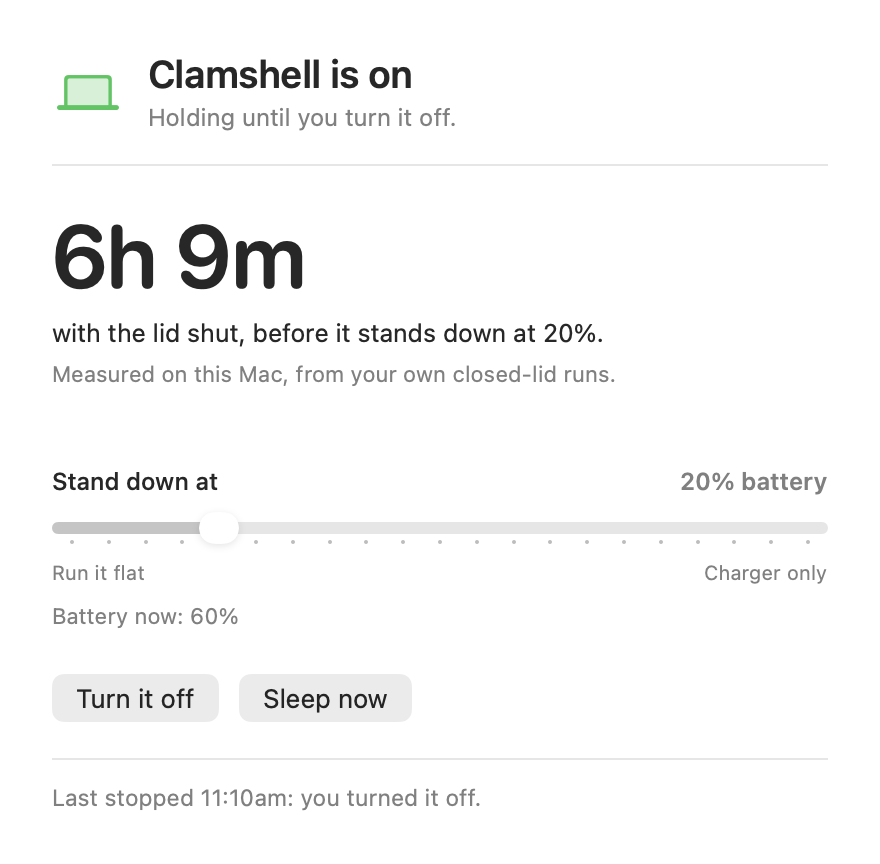 The Clamshell window: Clamshell is on, 8h 18m with the lid shut before it stands down at 20%, a slider to set the cutoff, Turn it off and Sleep now buttons.